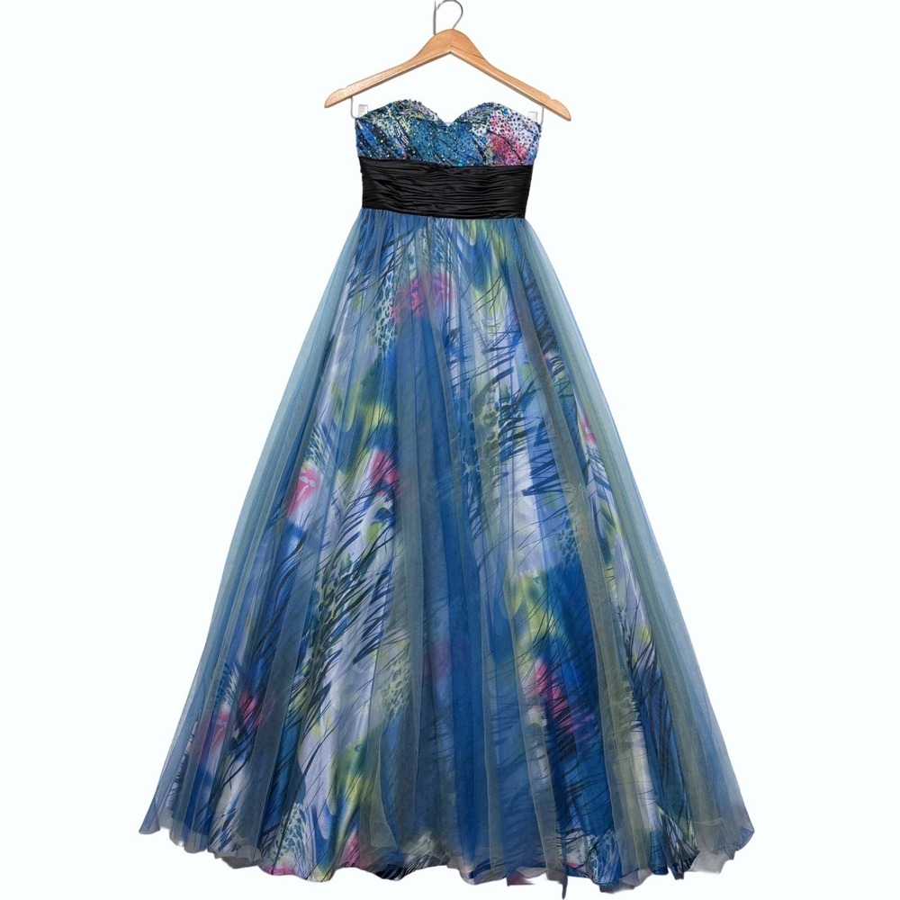 Vtg Cache Colorful Strapless Gown Sz 0 Tulle Pageant Presentation‎ Art Gala Blue